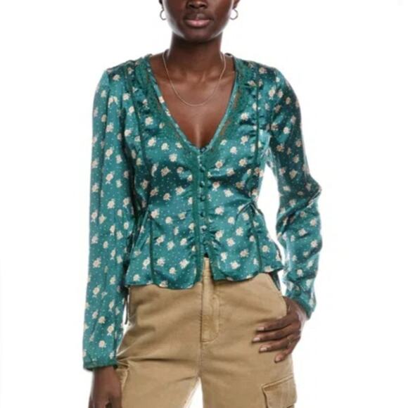 Free People Field of Roses Green Floral Top XS Cottagecore Coquette Renfair NEW - Picture 1 of 10